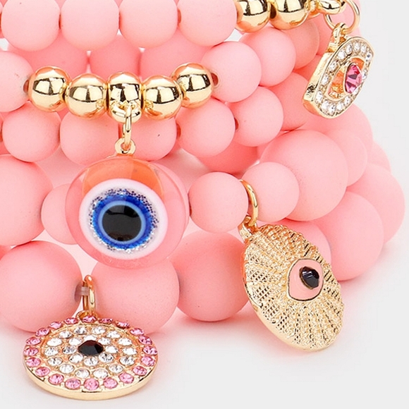 Pink And Gold Evil Eye Pendant Charms Crystal Beaded Stretch Bracelet - Picture 3 of 5